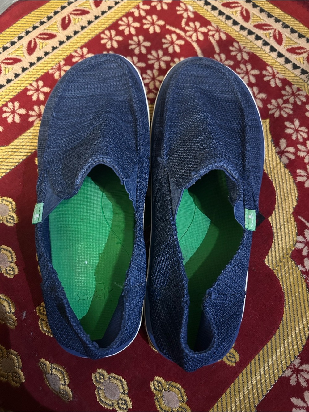 Sanuk Navy Blue Slip-On Knit Sneakers with Green Insole
